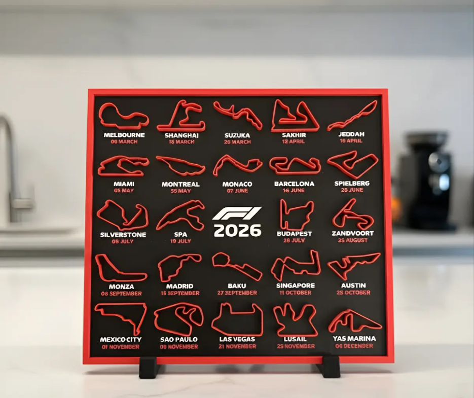 Calendário Fórmula 1 2026 com Suporte - Impressão 3D PLA