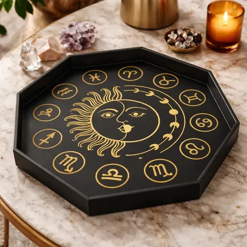 Bandeja Decorativa Oitavada Signos Zodíaco Sol Lua Preta 3d