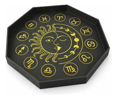 Bandeja Decorativa Oitavada Signos Zodíaco Sol Lua Preta 3d