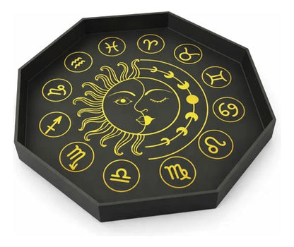 Bandeja Decorativa Oitavada Signos Zodíaco Sol Lua Preta 3d
