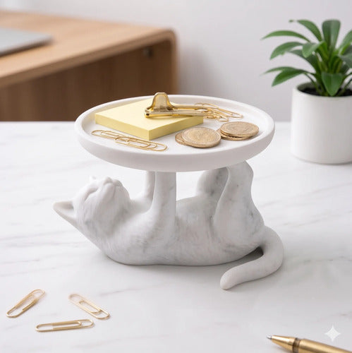 Bandeja Decorativa Gato Porta Joias Chaves Organizador Branco