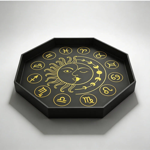 Bandeja Decorativa Oitavada Signos Zodíaco Sol Lua Preta 3d
