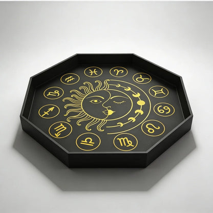 Bandeja Decorativa Oitavada Signos Zodíaco Sol Lua Preta 3d