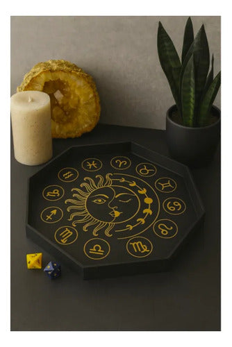 Bandeja Decorativa Oitavada Signos Zodíaco Sol Lua Preta 3d
