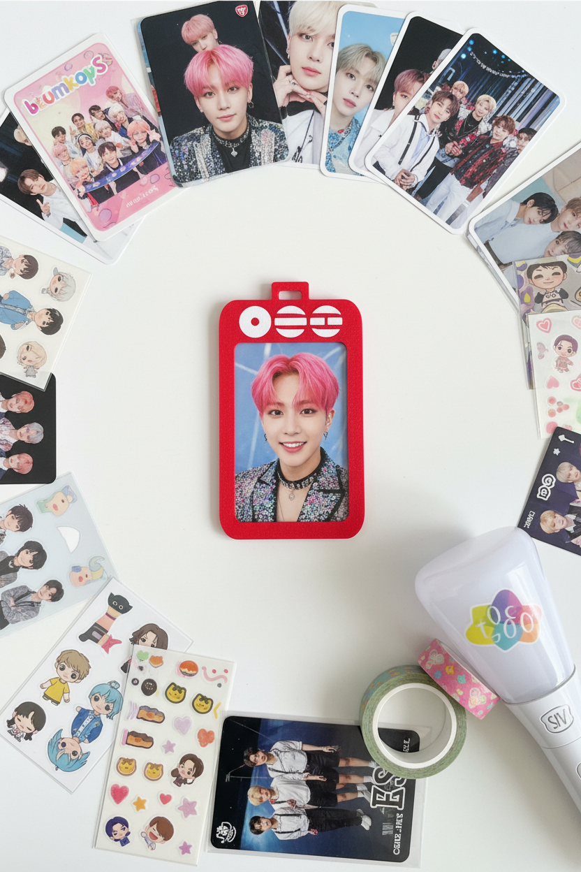 Porta-Photocard K-pop — Flat Lay com Merch